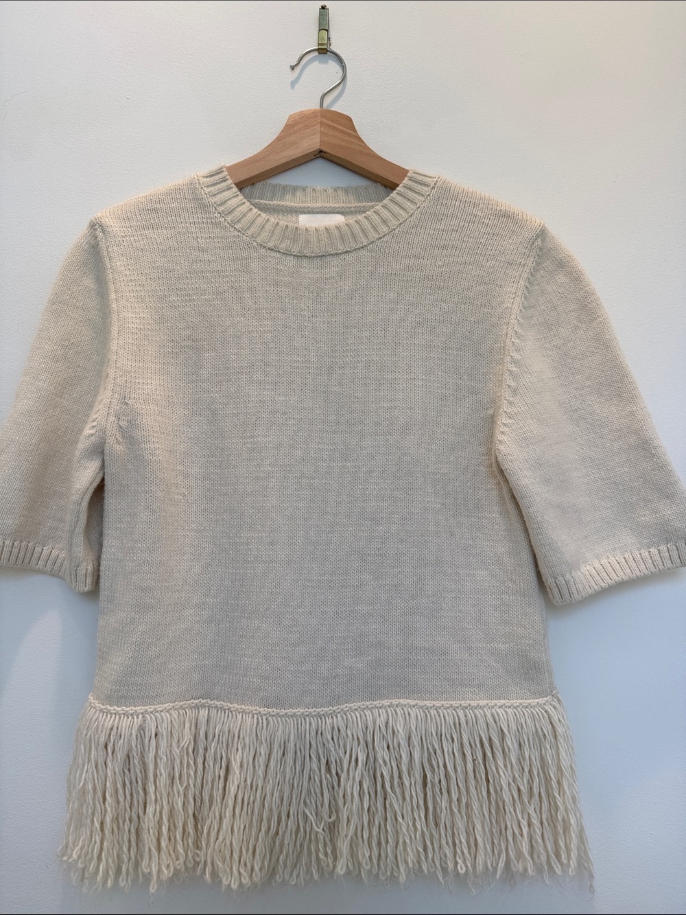 H&M Cream Short Sleeve Fringe Hem Knit Sweater Top Size S